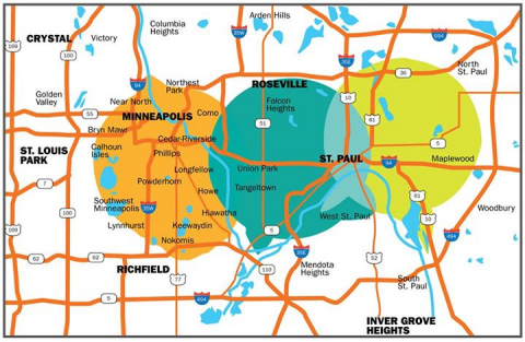 The potential reach of 3 collaborating Twin Cities LPFM stations. Map showing 3 Twin Cities LPFM station broadcast signals overlapping and reachng across the metro.